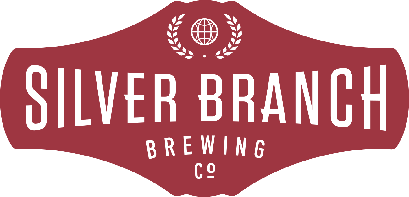 Logo for Silver Branch Brewing Co. featuring a globe icon above the text on a maroon background.