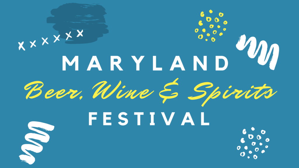 Maryland Beer, Wine & Spirits Festival logo on a blue background with abstract white and yellow accents.