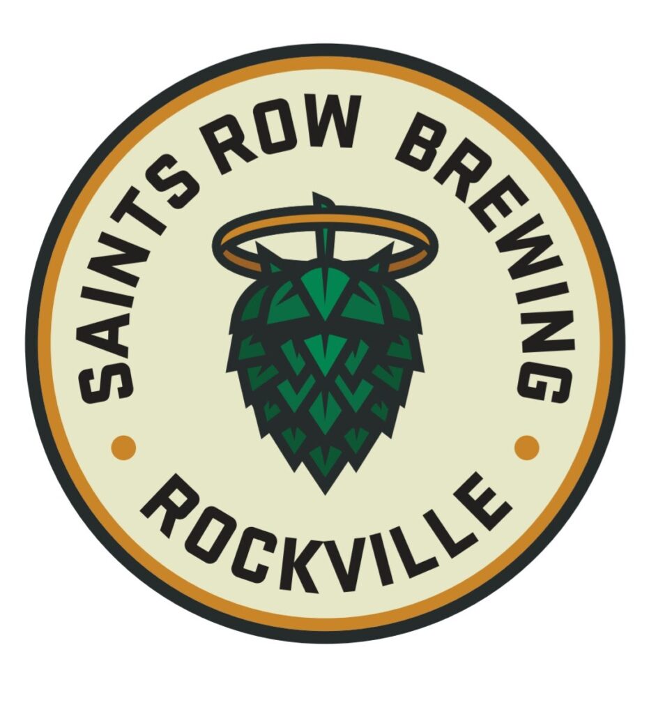 Circular logo for Saints Row Brewing in Rockville, featuring a green hop cone with a halo above it.