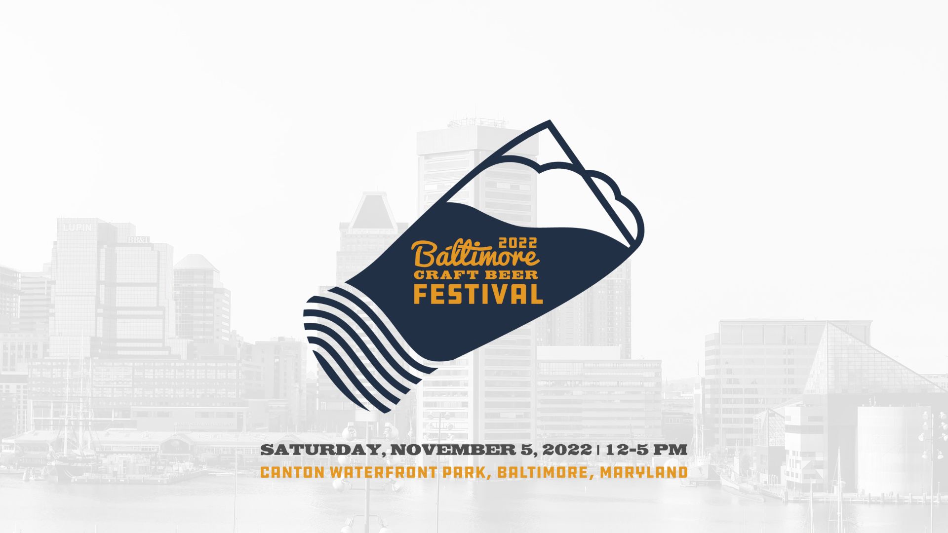 Event poster for the 2022 Baltimore Craft Beer Festival on Saturday, November 5, from 12-5 PM at Canton Waterfront Park.
