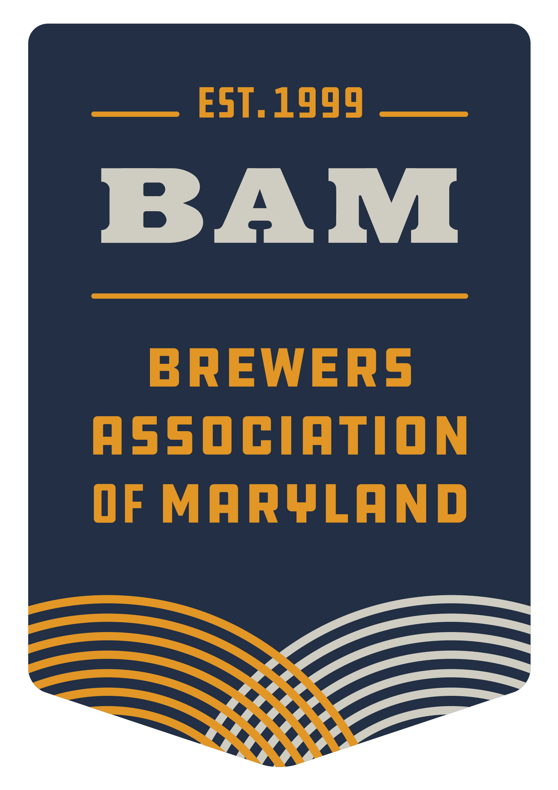 Logo for the Brewers Association of Maryland, featuring the text “EST. 1999,” “BAM,” and “BREWERS ASSOCIATION OF MARYLAND” above an abstract mountain-like graphic of curved lines.