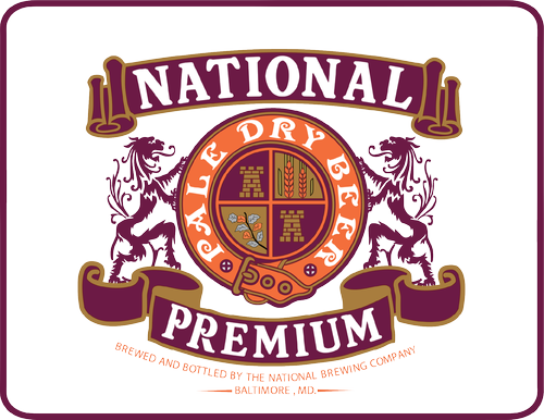Logo for National Premium Pale Dry Beer featuring two lions flanking a crest with a buckled belt, with text stating the beer is brewed and bottled by the National Brewing Company in Baltimore, MD.