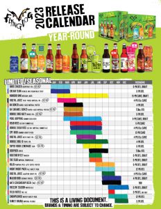 Flying Dog 2023 beer release calendar showing year-round offerings and a seasonal chart listing beer names, release months, and packaging formats.