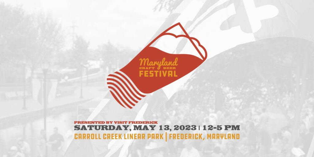 Poster for the Maryland Craft Beer Festival on Saturday, May 13, 2023, from 12-5 PM at Carroll Creek Linear Park in Frederick, Maryland.