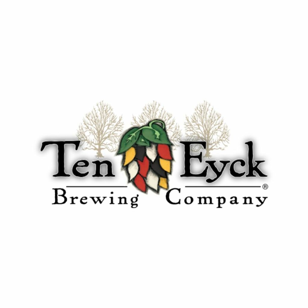 Ten Eyck Brewing Company logo featuring a stylized hop cone and two trees behind the text.