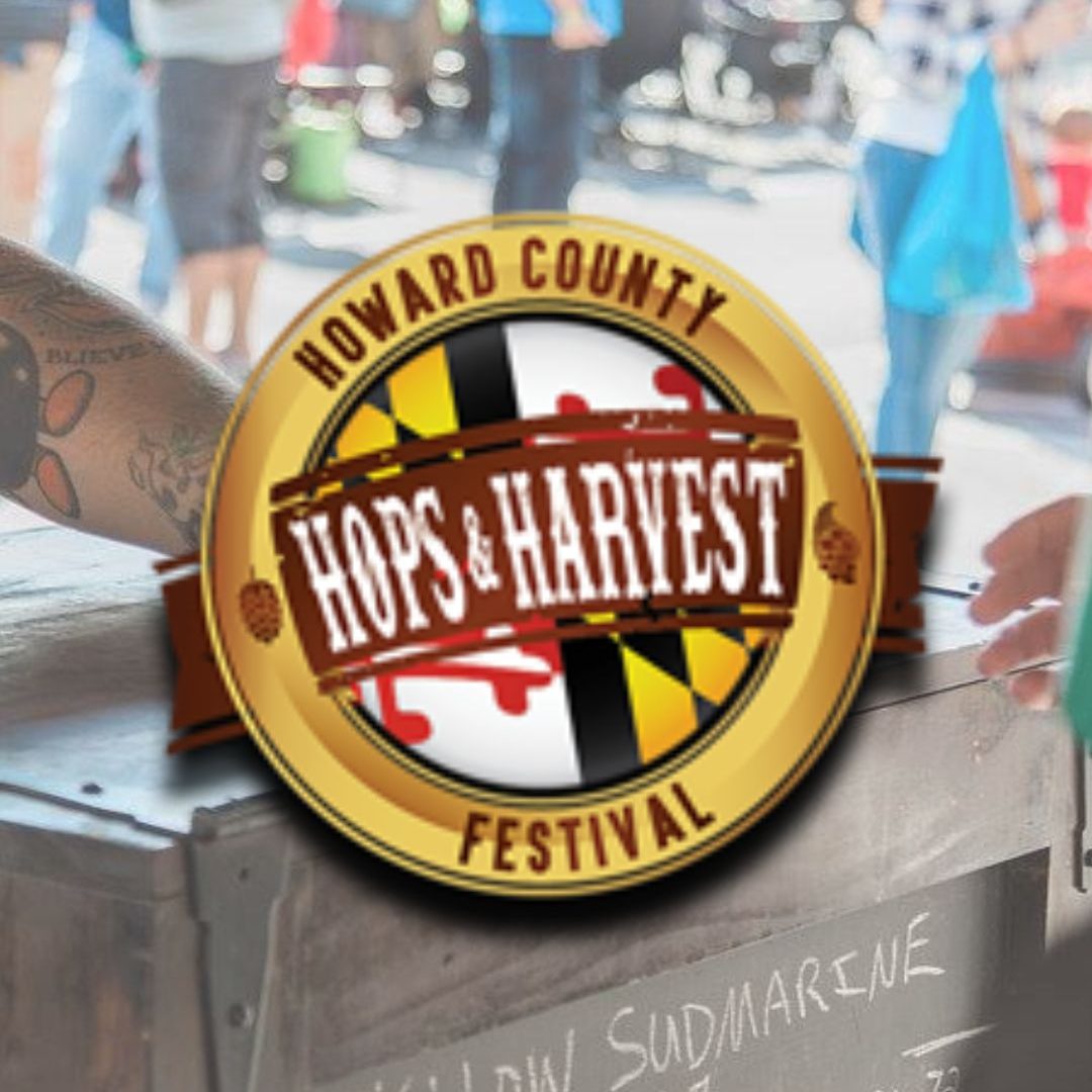 Logo for the Howard County Hops & Harvest Festival, featuring the Maryland state flag on a gold circular seal.