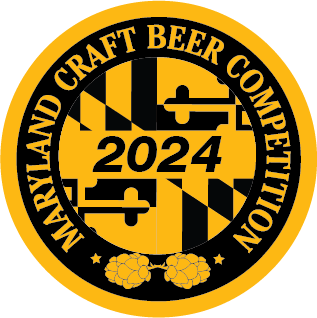 Logo for the 2024 Maryland Craft Beer Competition featuring the Maryland state flag and two hop cones.
