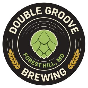 Circular logo for Double Groove Brewing in Forest Hill, MD, featuring a central green hop icon.