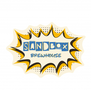 Sandbox Brewhouse logo in a comic-book style yellow and black speech bubble.