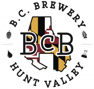 B.C. Brewery logo with the letters BCB superimposed over an outline of Maryland in the state flag pattern, surrounded by the text B.C. BREWERY HUNT VALLEY and icons of a hop, wheat, water droplet, and beaker.