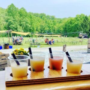 Four plastic cups of colorful drinks in a wooden tasting flight tray, set against a blurred background of an outdoor beer garden.