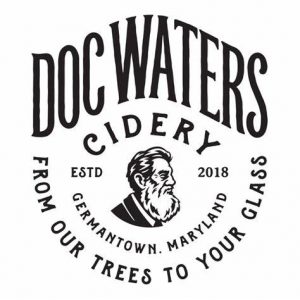 Logo for Doc Waters Cidery, featuring an illustration of a bearded man and the text “From our trees to your glass, Germantown, Maryland, Estd 2018.”