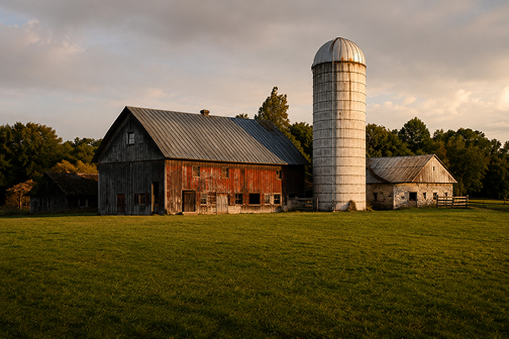 A red wooden barn with a tall silo stands in a grassy field at sunset.
